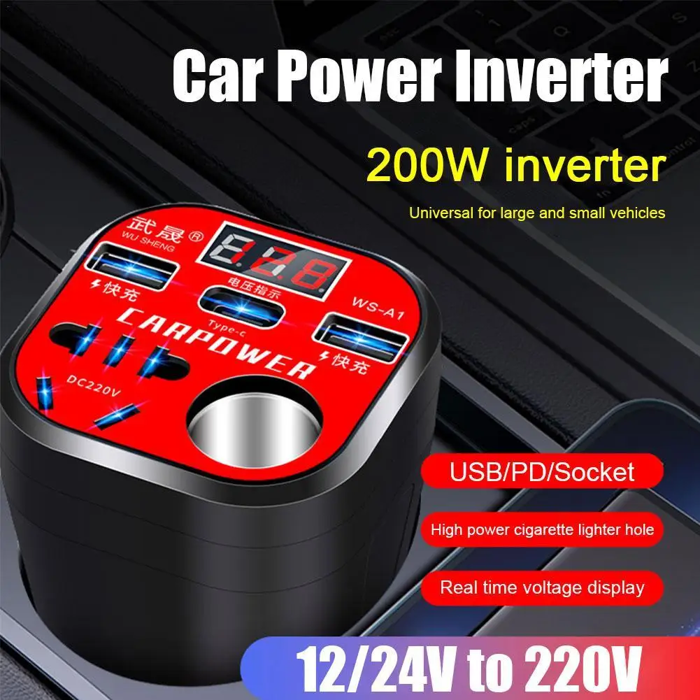 

Car Power Inverter 200W 24V/12V To 220V PD Type-C QC3.0 USB Socket Car Charging Adapter Car Fast Charging Converter Adapter