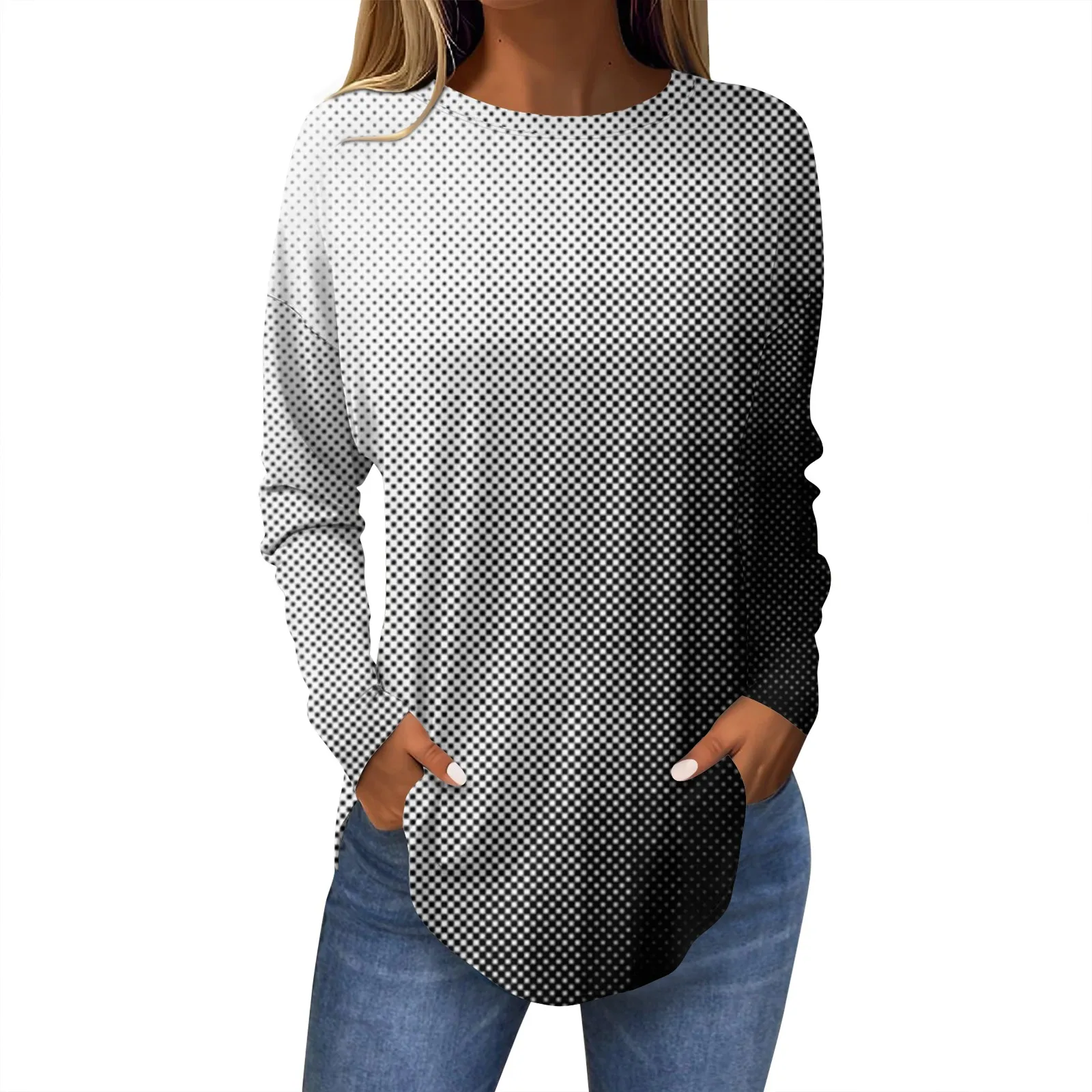 Женский топ с длинным рукавом круглым вырезом и принтом