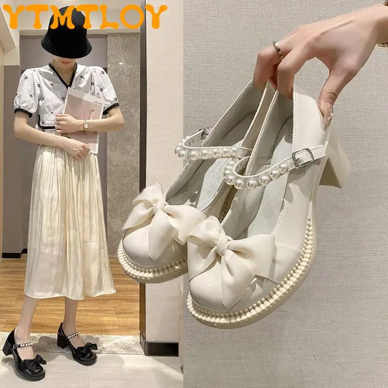 

Famous French Single Shoes Women's Thin Section 2022 Summer New Fashion Bow Pearl Fairy Wind Mary Jane High-heeled Shallow Mouth