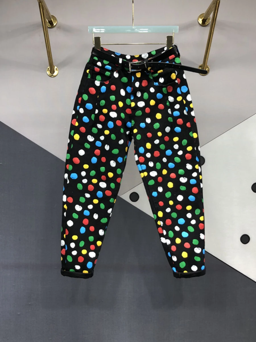 

European Goods Color Dotted Prints Jeans for Women 2023 Spring New High Waist Slimming Curling Tappered Harem Pants Fashion