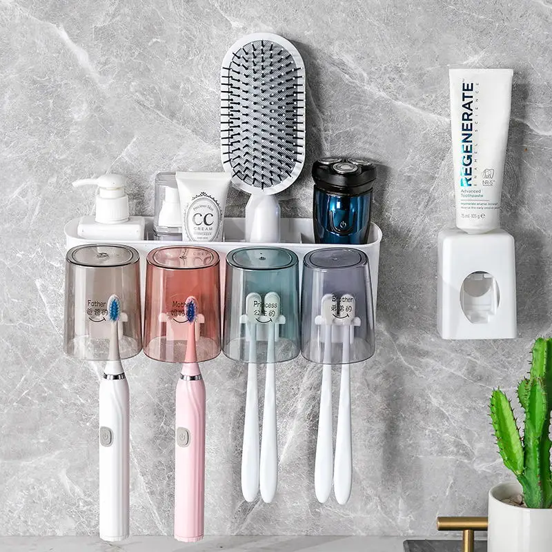 

Toothbrush holder set, wall mounted, non perforated mouthwash cup, toothpaste squeezing tool, household washstand storage rack