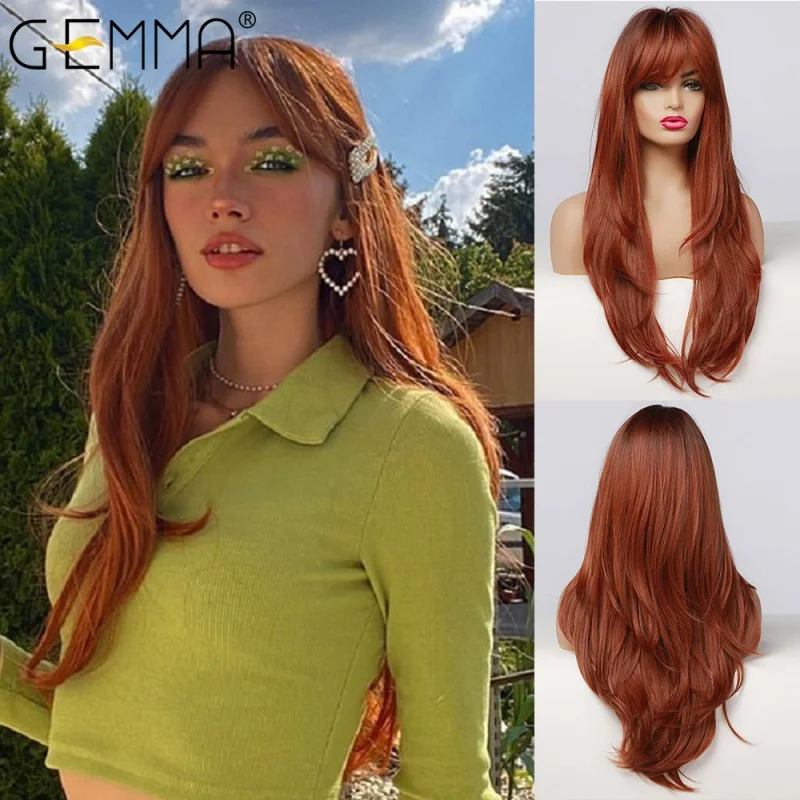 

Длинный прямой парик GEMMA с эффектом омбре, черный, оранжевый, винно-красный парик с челкой, синтетические парики для женщин, термостойкие Многослойные косплей, повседневный парик