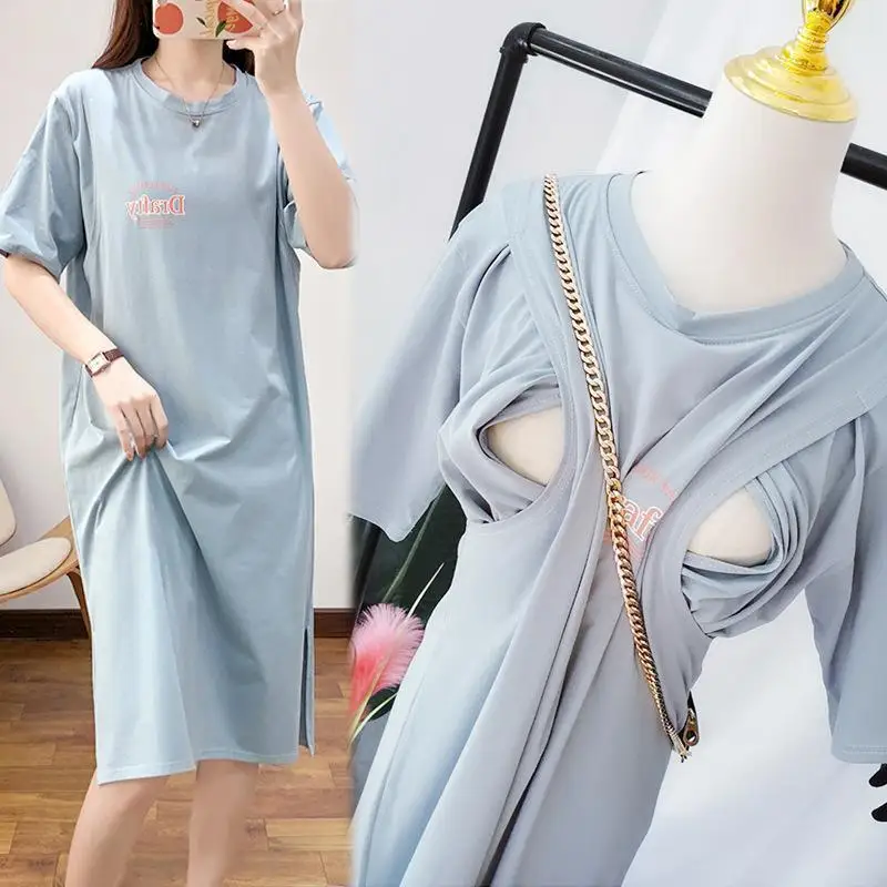 

Pregnant Women Summer Breastfeeding Long Dress Convenient Baby Breastfeeding Clothes Loose T-shirt Dress Maternity Clothing