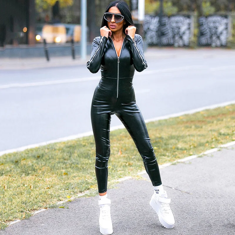 

Oshoplive New Fashion Women Zipper Artificial Leather Black Sportswear PU Wet Look Flexible Close-Fitting Jumpsuits for Women