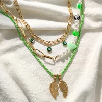 y2k green enamel heart evil eyes pearl beaded choker necklace for women golden broken heart pendant necklace collar boho jewelry