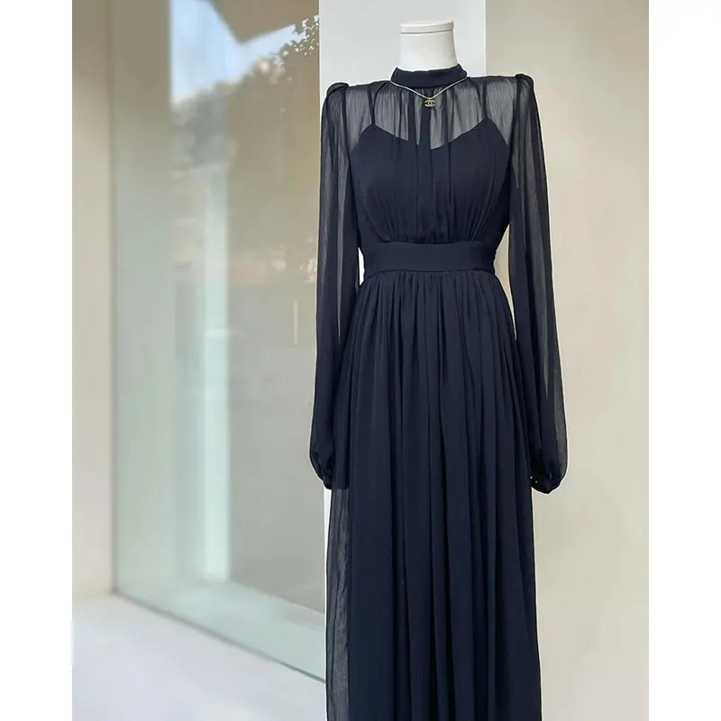 

2023 Spring French Elegant Black Dress Women Fashion Retro Long Sleeve Dresses Temperament Chiffon Office Lady Sundress Vestido