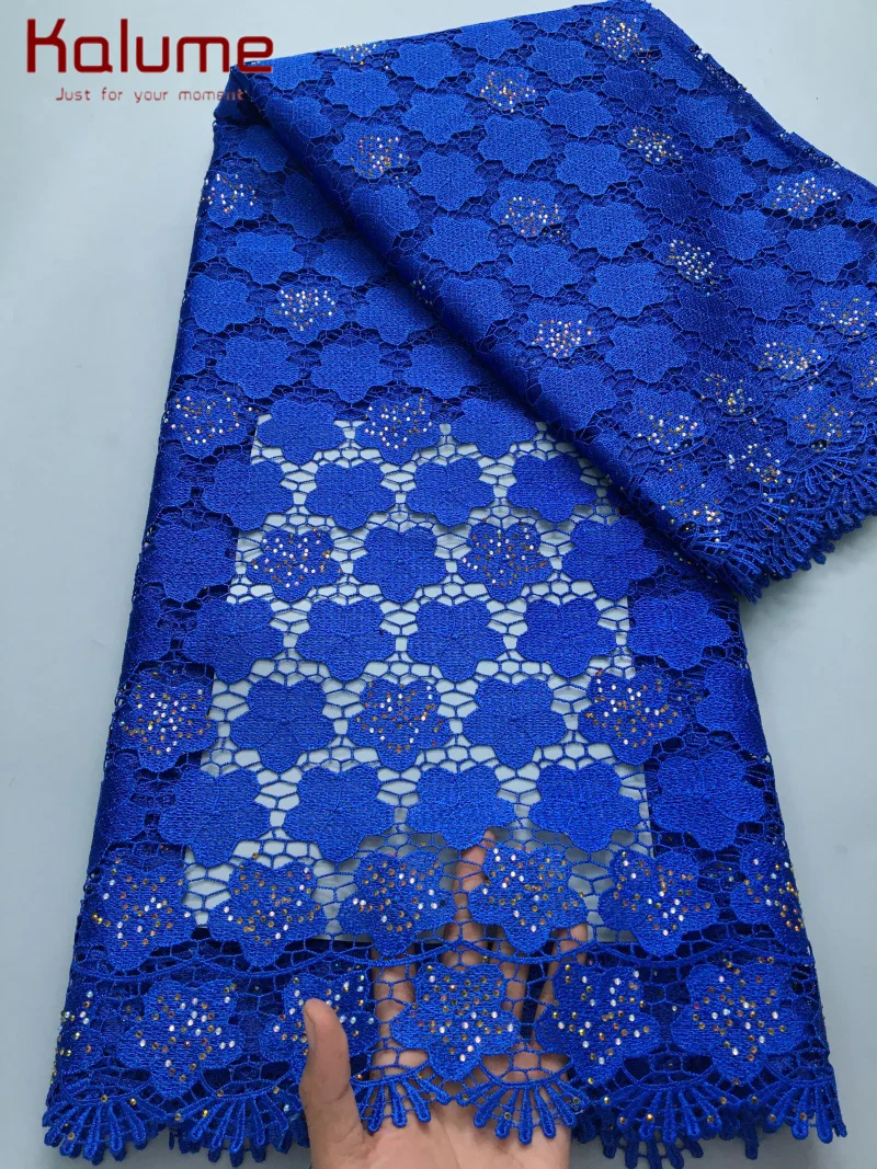 Синяя гипюровая кружевная ткань высокого качества с камнями 2025 нигерийская