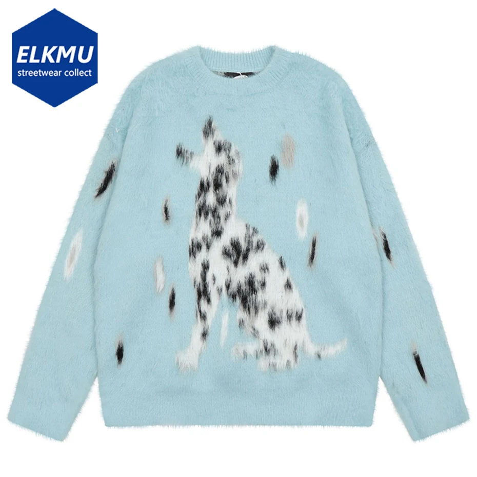 

Harajuku Dalmatian Sweater Streetwear Hip Hop Knitted Animal Dog Fluffy Fuzzy Jumper Y2K 2023 Fashion Loose Pullovers Beige Blue