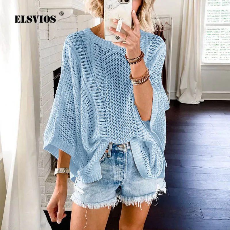 

Summer Women New Knitted Hollow Out Beach Bikini Cover Shawl Fashion Casual Solid Color Loose Pullover Elegant Slim Sport Blouse