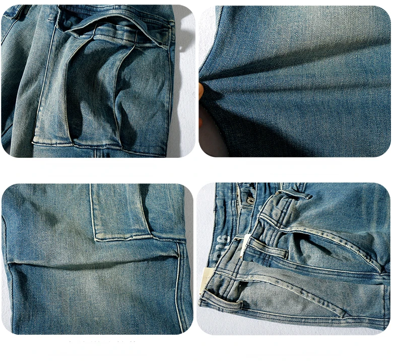 Trousers men's nine minutes pants loose small straight retro washed old heavy stretch jeans.