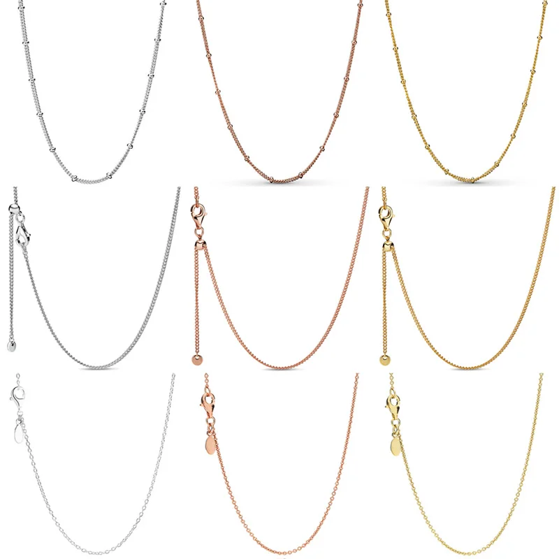 

Rose Gold Beaded & Curb Sliding Anchor Clasp Chain Adjust Basic Necklace For Pandora 925 Sterling Silver Charm DIY Jewelry