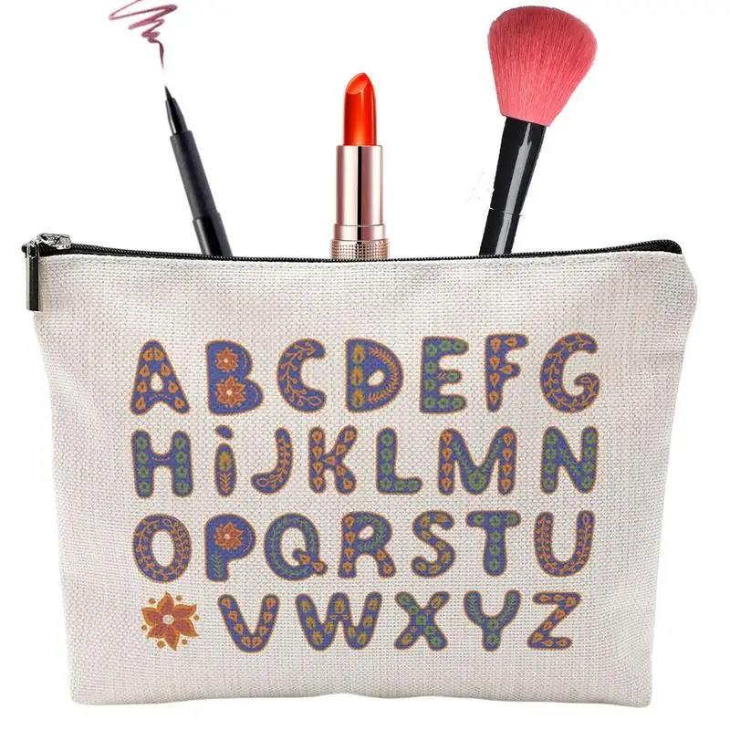 

Cosmetic Bag For Purse Waterproof Cosmetic Bag Linen Makeup Bag Zipper Pouch Travel Alphabet Cosmetic Organizer For Women Girls