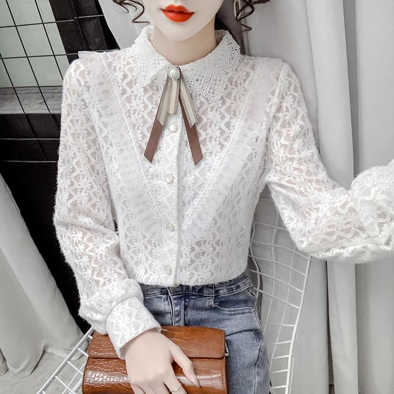 

Solid color Button Up Bow Neck Lace Shirt Women's Autumn Winter New Turn Down Collar Blouses Shirt Long sleeve Women Top 962H