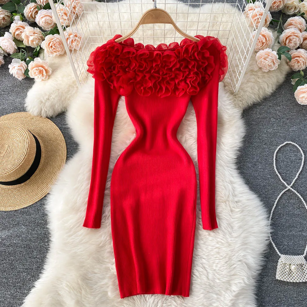 

Autumn New Korean Version of the Sexy One-shoulder Three-dimensional Flowers Decorated Celebrity Knitted Dress