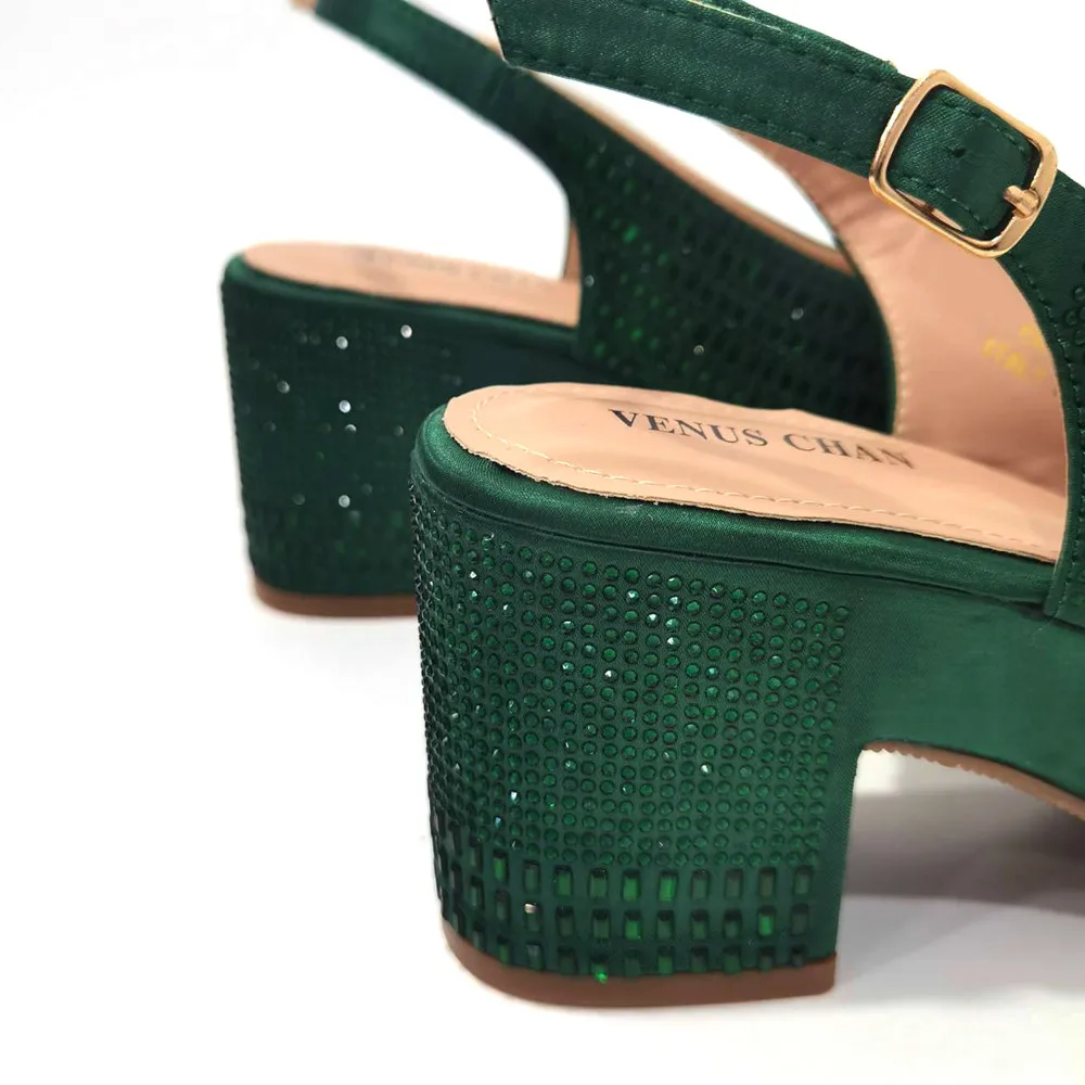 Venus Chan Latest Summer Women's Platform High Heels Green Color Full Drill Design Shoe and Bag Set for Party In Women Nigerian