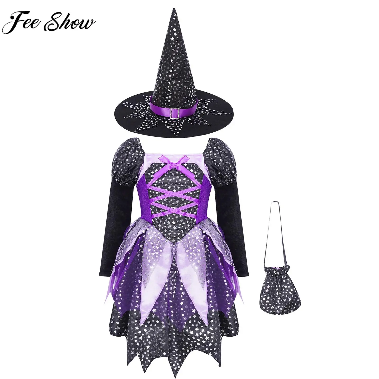 

Kids Girls Witch Sorceress Cosplay Dress with Pointed Hat Halloween Theme Party Masquerade Carnival Roleplay Performance Costume