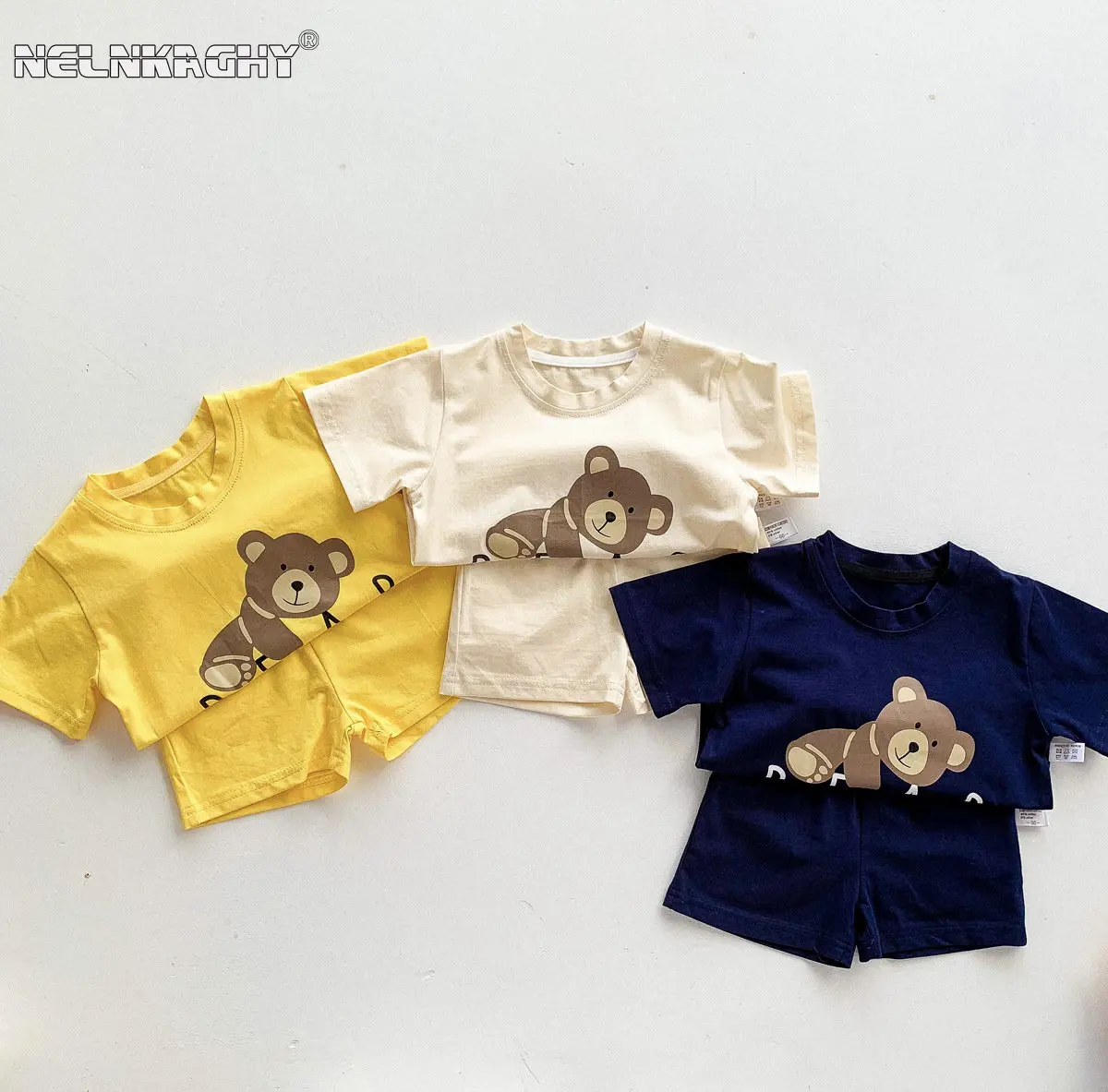 

2023 NEW IN Summer Kids Baby Girls Boys Short Sleeve Cartoon Bear Print Top T-shirts Tees + Shorts Children Clothing Set 2pcs