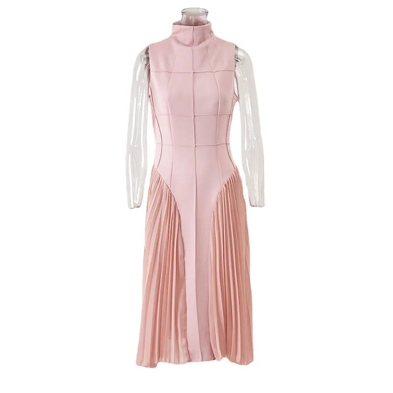 

Women Temperament Dress Stand Collar High Waist Sleeveless Fold Slim Pink Summer Fashion Stitching Long Luxurious Back Zipper
