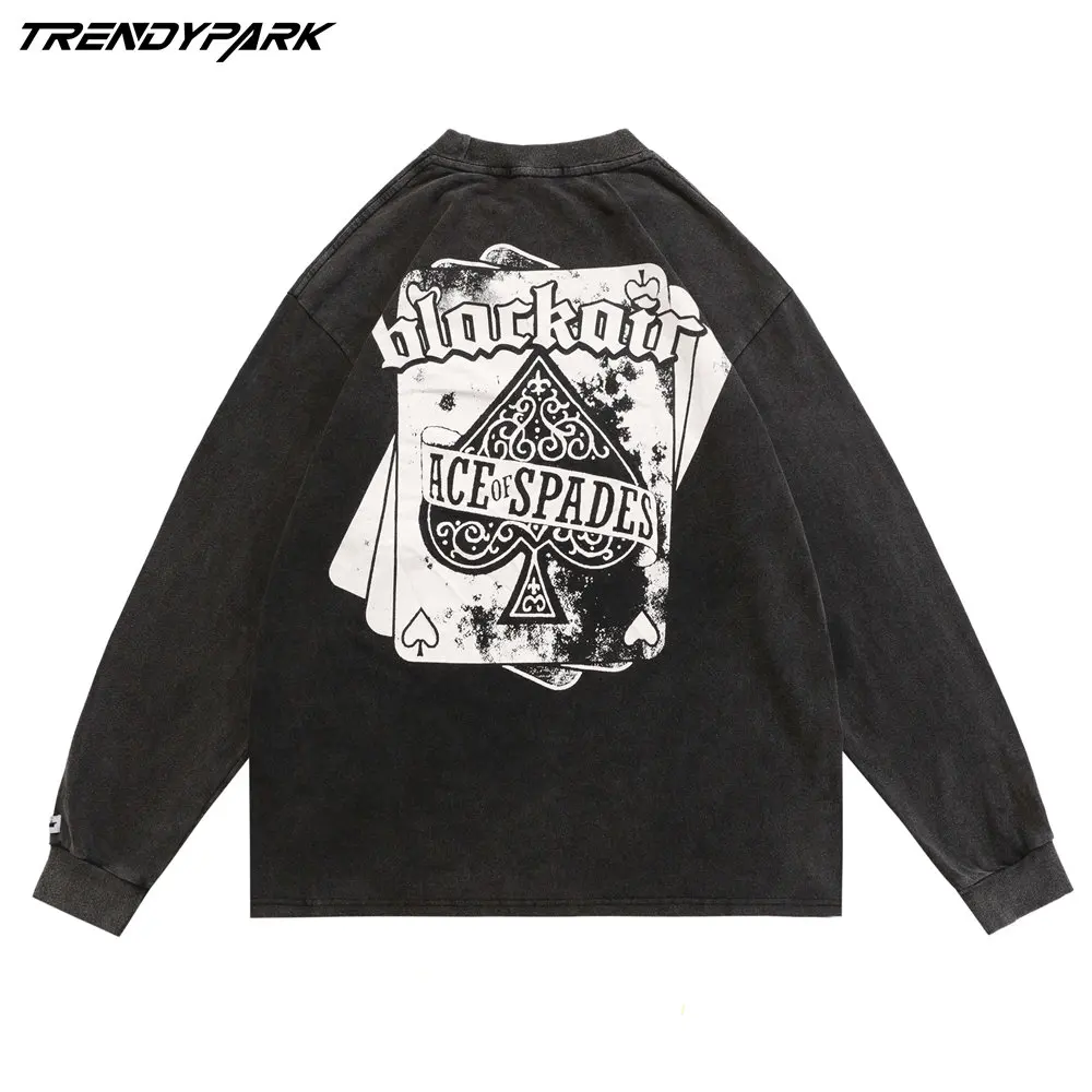 

Men T-shirt Washed Poker Print Cotton O-neck Autumn T Shirts Harajuku Streetwear Casual Full Sleeve Hip Hop Oversized T-shirt