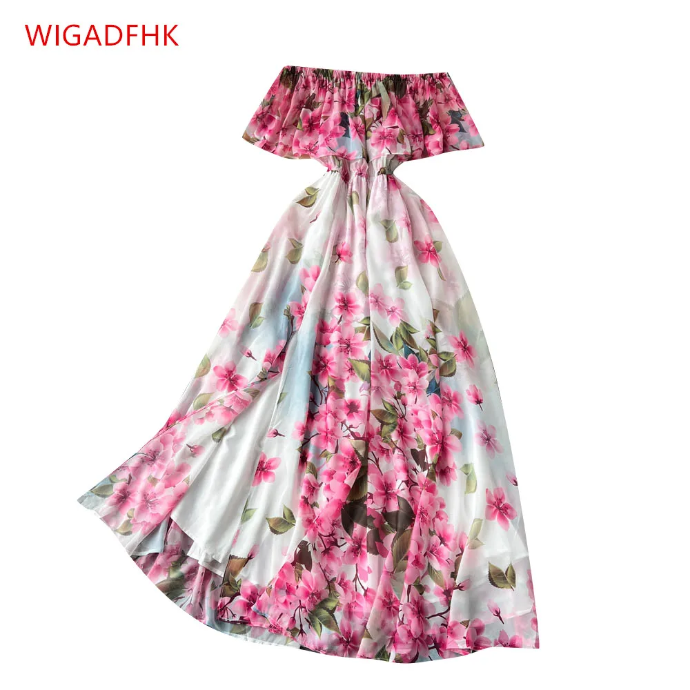 

Женское шифоновое платье-макси с открытыми плечами и цветочным принтом