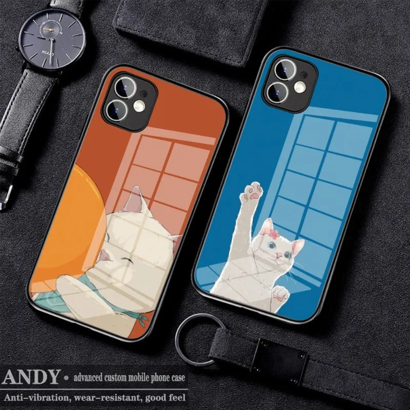 

Cartoon cute cat Phone Case Glass for IPhone 11 12 13 14 Pro XR XS MAX 8 X 7 14 Plus SE 13 Pro Design Iphone Covers