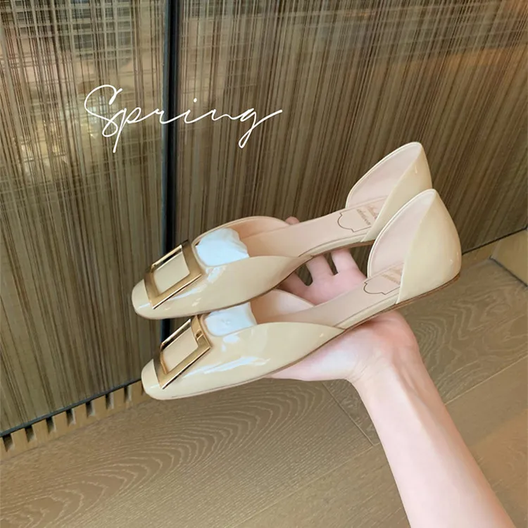 

Square Buckle Patent PU Leather Square Toe Shallow Hollow Flat Shoes Women's New Summer Zapatos De Mujer Ballet Flats Square Toe