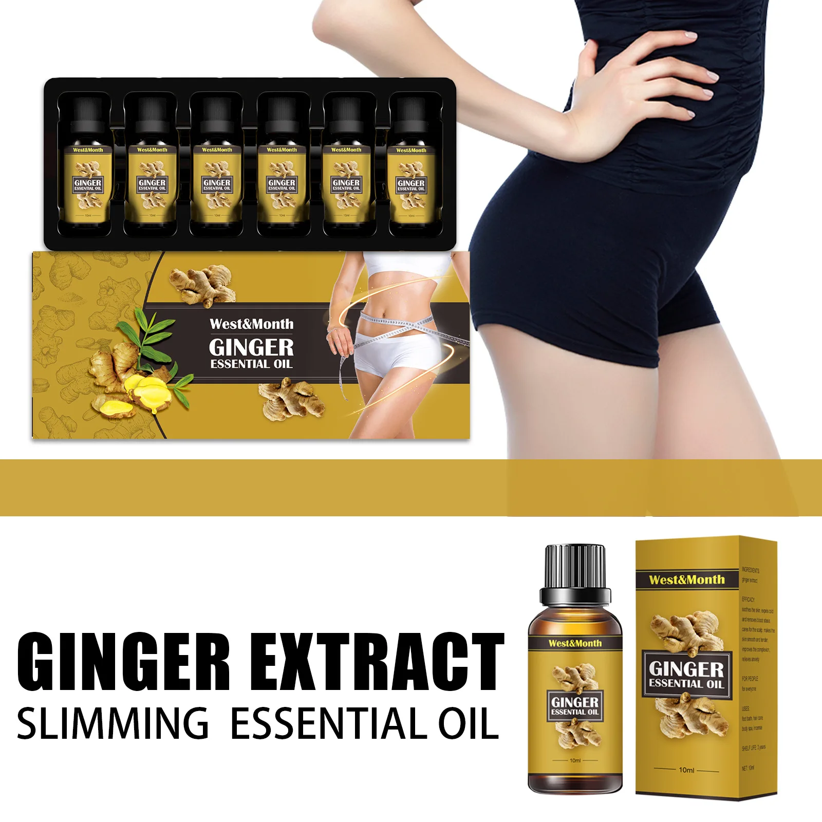 West&Month 10ml*6pcs Ginger Body Sculpting Oil Massage To Firm Belly and Thigh Muscles Moisturizing Skin Body Oil Free Shipping