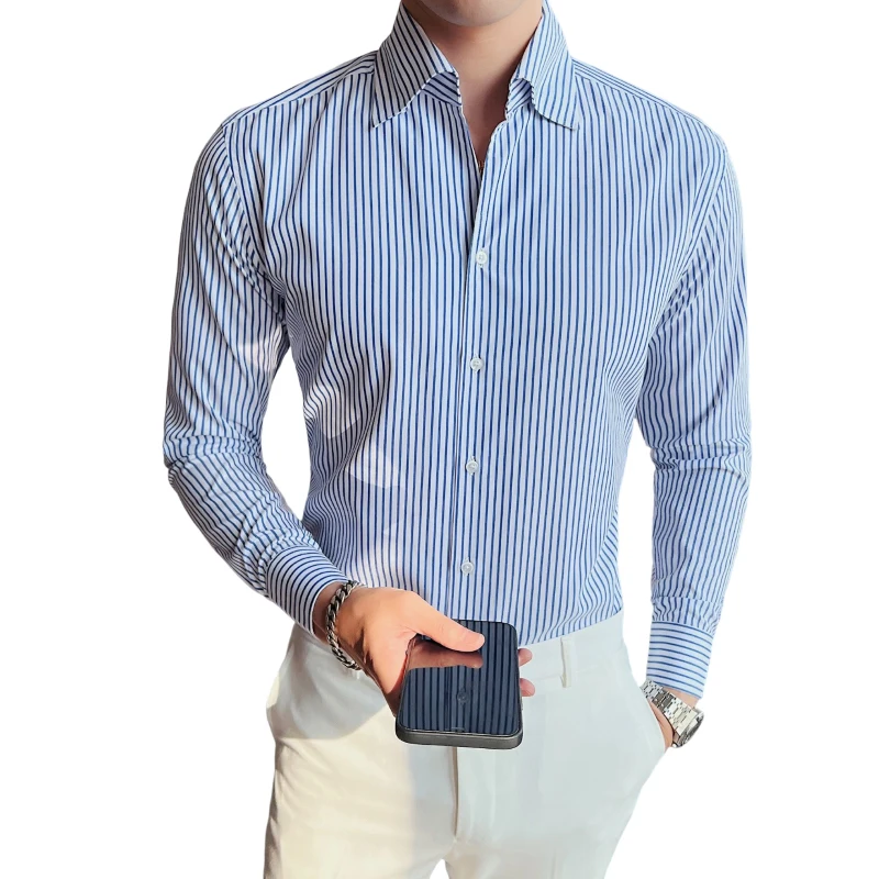 

2023 Men's Slim Fit V-neck Striped Shirt - Handsome Stand Collar, Long Sleeve, All-Season, Versatile for Travel and Parties