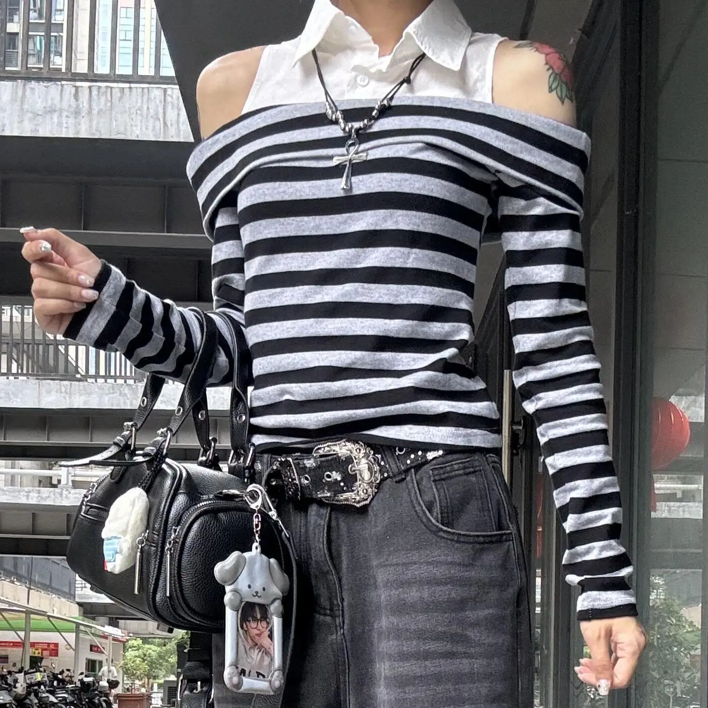 Genayooa Vintage Two Pieces Tops Women Patchwork Off Shoulder Print Graphic Streetwear American Retro 90s Tshirts Autumn