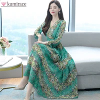 2022 spring new korean long sleeve high end positioning printed dress elegant female v neck temperament medium length skirt