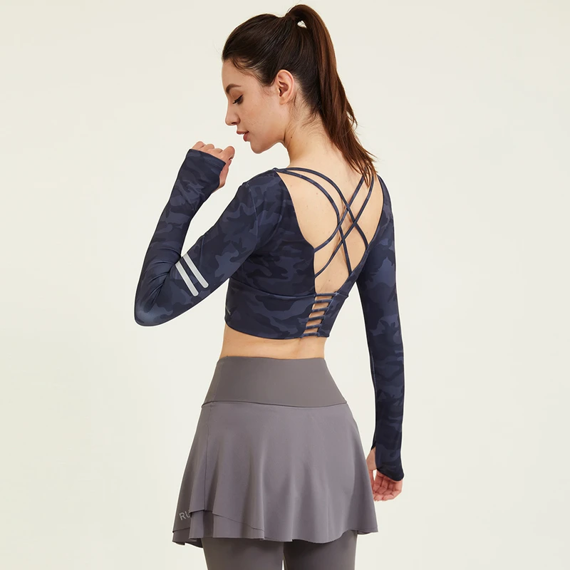 

Women Camouflage Yoga Shirt Hollow Back Cross Straps Long Sleeve Blouse Sport Gym Top Running T-Shirt Tie Dye Fitness Sportswear