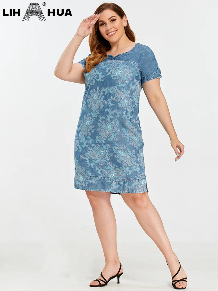 LIH HUA Women's Plus Size Denim Dress Summer Chic Elegant Dresses For Chubby Women Round Neck Woven Cotton  Dress