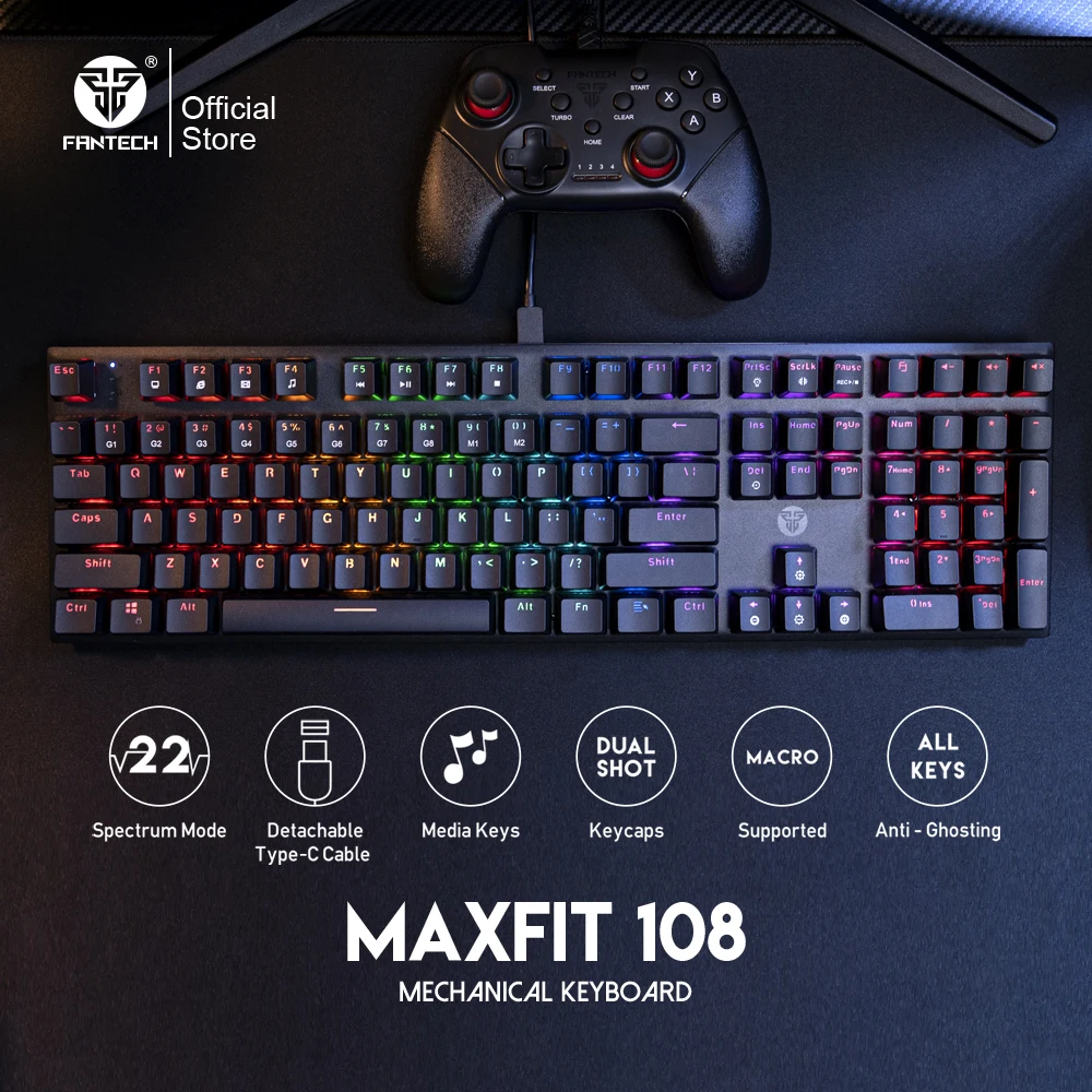 FANTECH-Teclado mecánico MAXFIT108 RGB, 108 teclas Macro, teclas completas, Cable tipo C desmontable y antighosting para jugadores de teclado