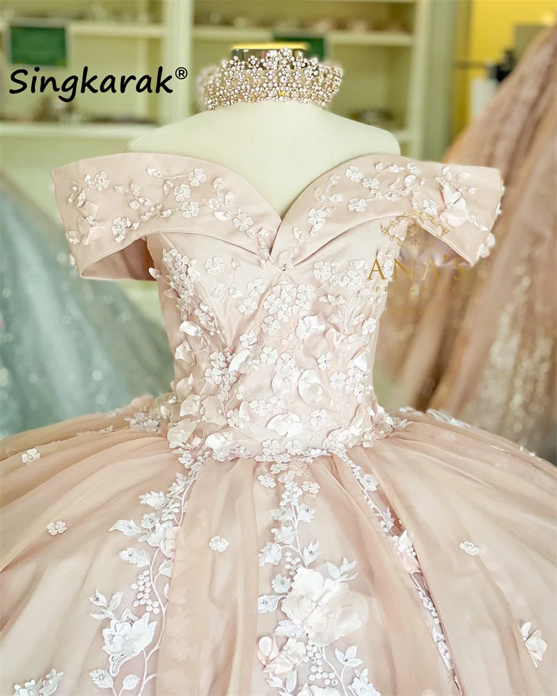 

New Design Pink 2022 Ball Gown Quinceanera Dresses Off Shoulder Flowers Pearls Appliques Sweet 16 Dress For Birthday
