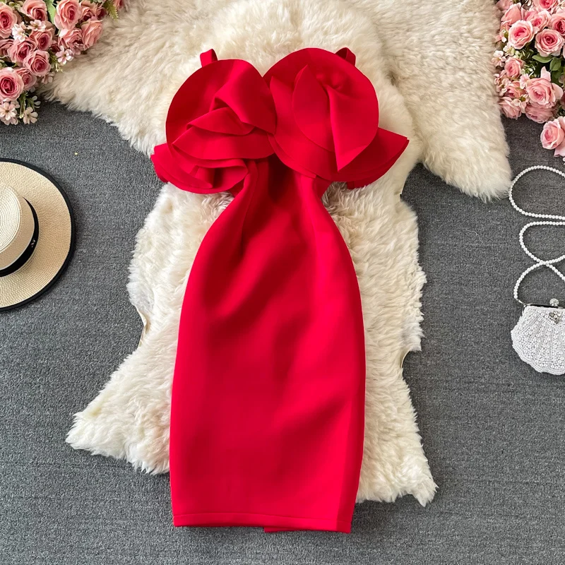 

Summer Fashion Vestidos Mujer Verano Slash Neck Ruffles Women Slim Dress Ladies Red Mini Package Hip Dress Banquet Party Vestido