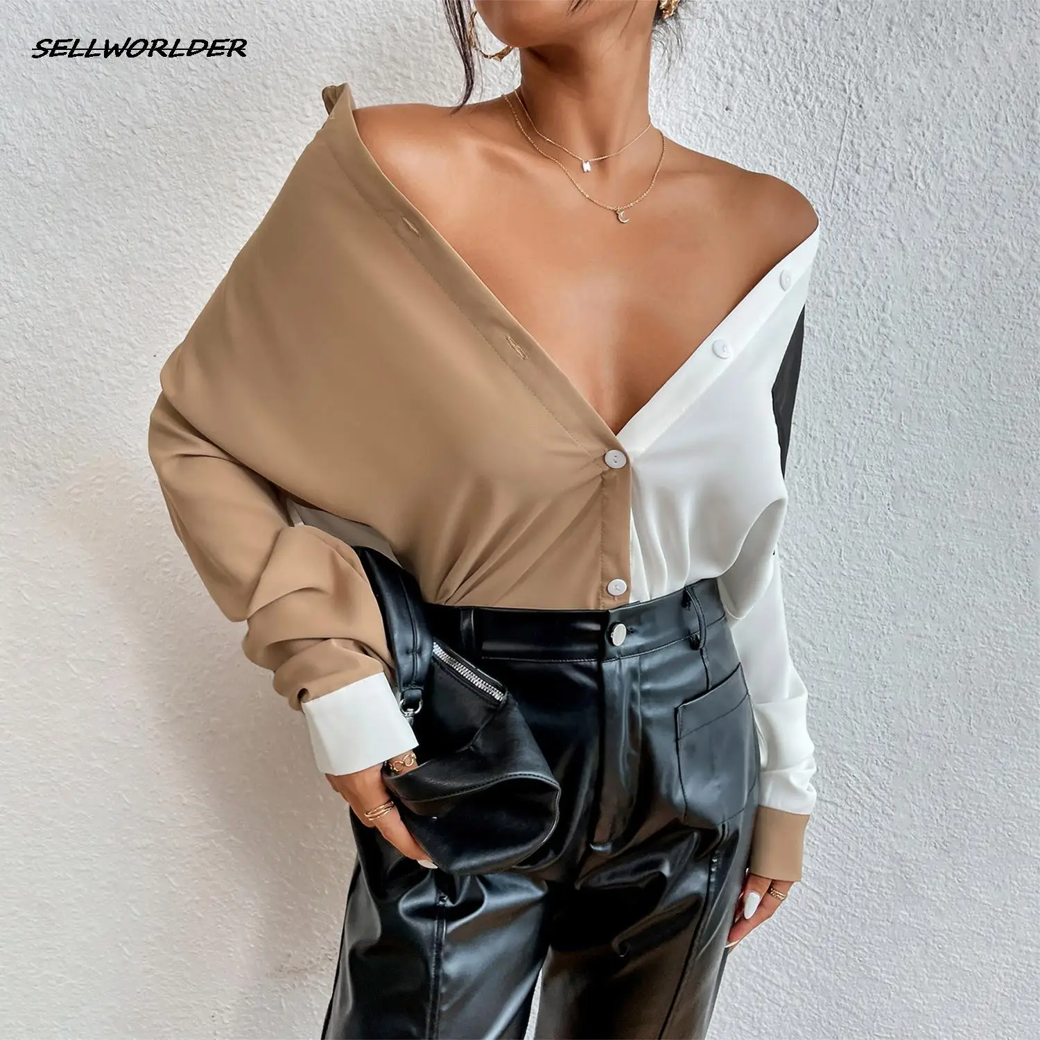 Women Splicing top Pocket Long sleeves Chiffon shirt Solid Elegant Tops Office Lady Work Wear Party Blouses Tops