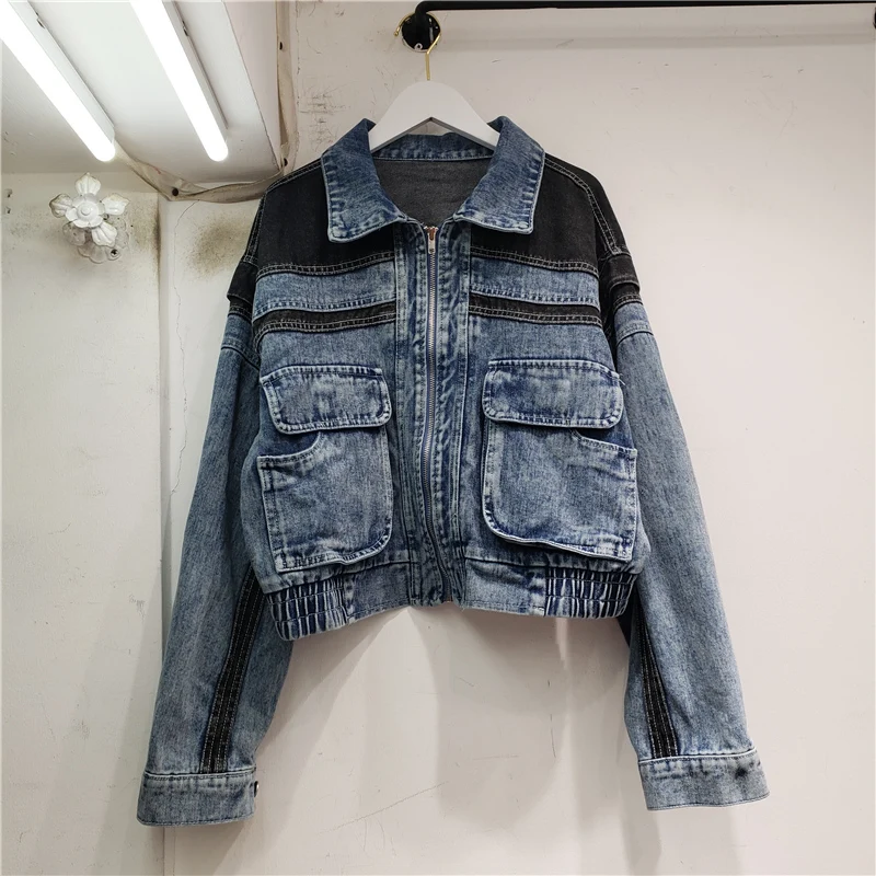 

Spring Vintage Patchwork Contrast Color Big Pocket Short Denim Jacket Women Blue Cowboy Outwear Casual Long Sleeve Jeans Jackets