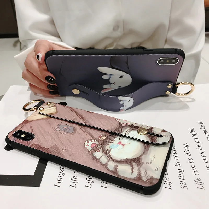 for samsung galaxy s22 ultra s21 fe a42 12 a32 a52 22 72 750 case funny comics cartoon cat rabbit wrist strap phone holder cover free global shipping