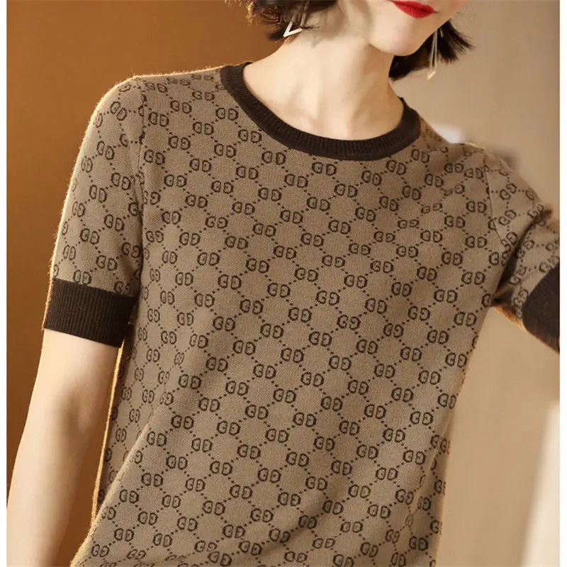 

Knit Pullover Spring Autumn Woman Clothes Short Sleeve Chain Screw Thread Vintage T-Shirt Fashion Loose Female Casual O-Neck Top