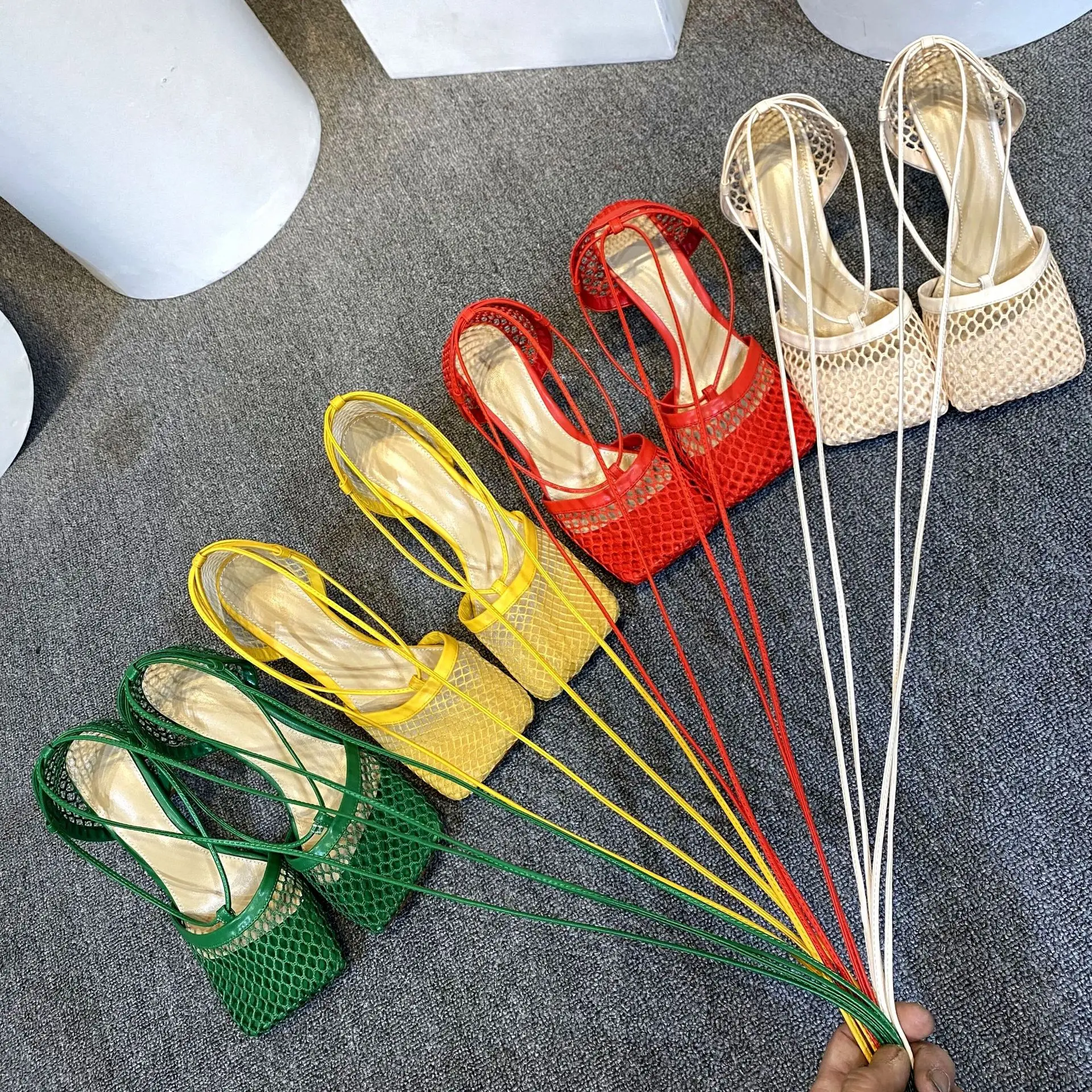 

Women's square mesh glossy sandals fine heel black solid color yellow solid color ankle tape sandals large size casual sandals