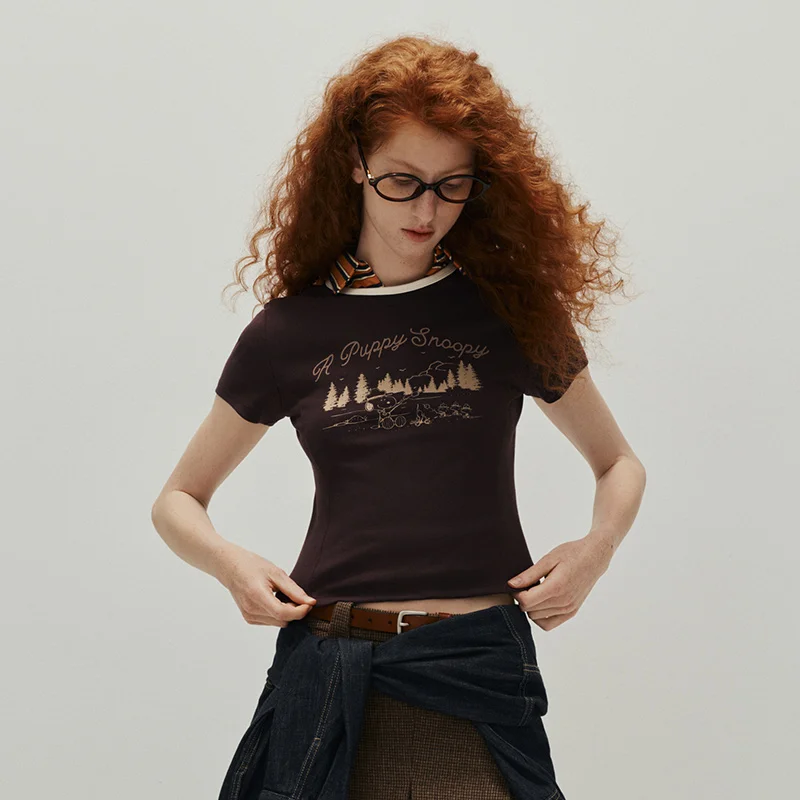 Фото Короткая футболка Semir, тонкий топ, женский летний топ 2025, цветной блок, модный винтажный принт №4