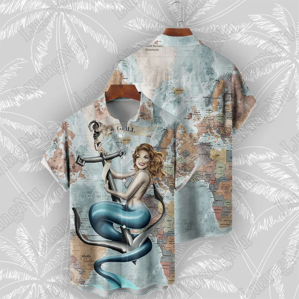 

Мужская рубашка с принтом в виде карты русалки, повседневная гавайская рубашка с коротким рукавом, большие размеры, лето 2023