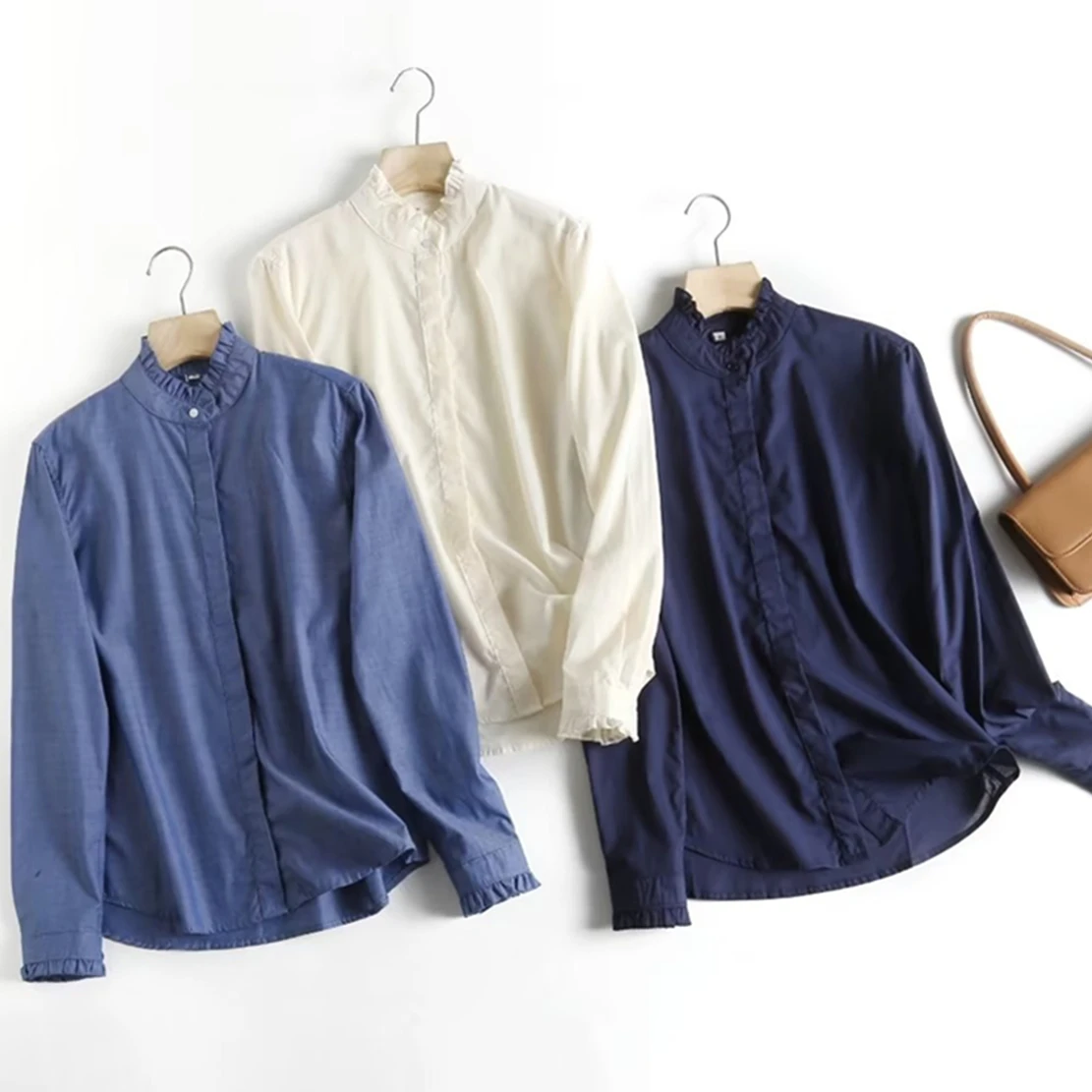 

Withered Ruffles Stand Collar Causal Shirt Fashion Long Sleeve Blouse Women