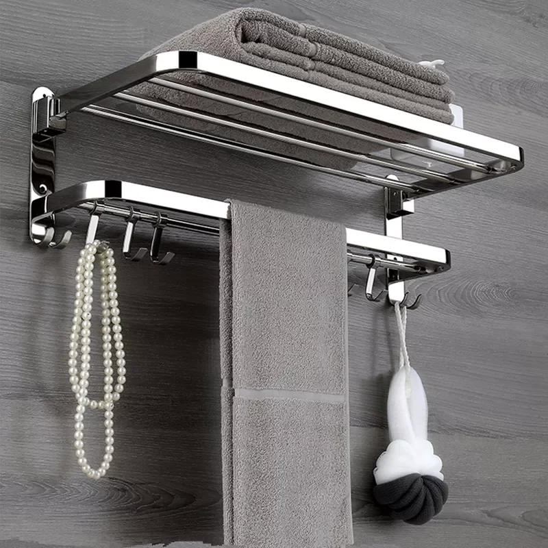 

Stainless Steel Folding Movable Bath Towel Shelf Polished Bathroom Towel Rack Holder Storage Shelf Hook Accessories