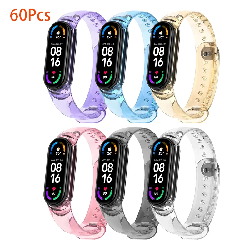 60 шт. ремешок для Xiaomi Mi Band 7 6 5 4 3 браслет прозрачный цветной часов MiBand замена