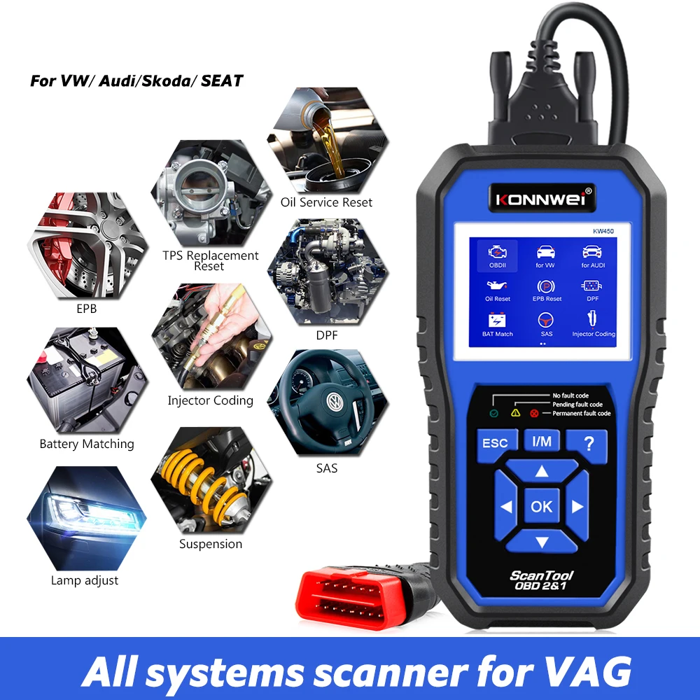 KONNWEI KW450 OBD2 Diagnostic Tool for VAG Cars For VW ABS Airbag Oil ABS EPB DPF SRS TPMS Reset Full Systems kw450 scanner