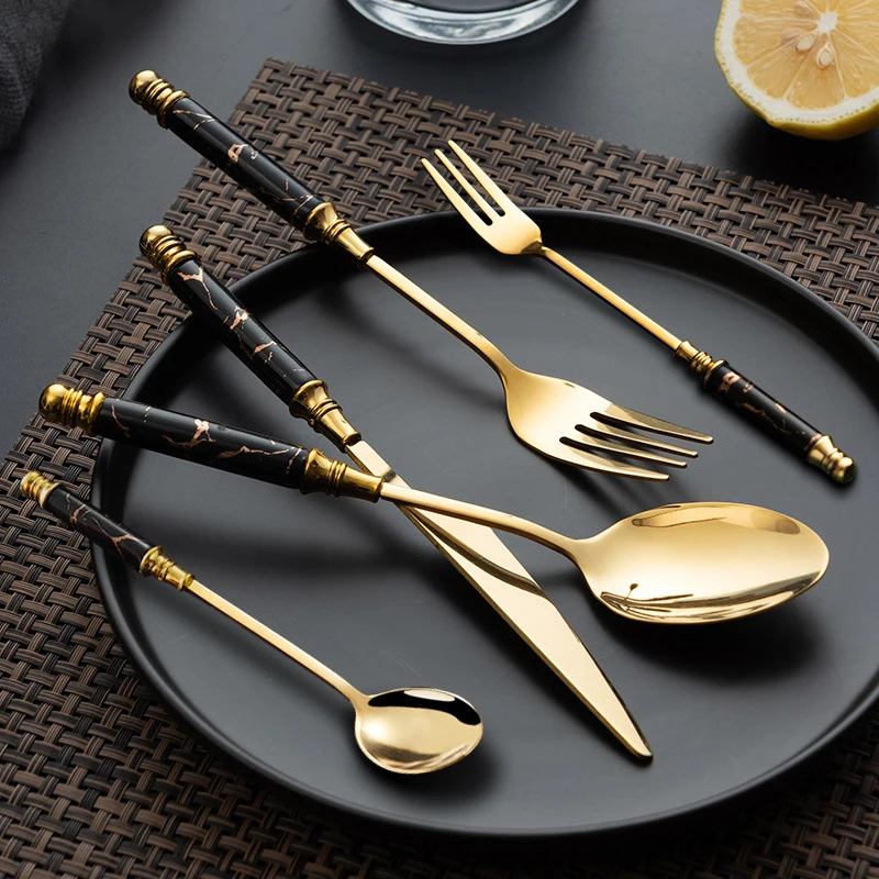 Stainless Steel Golden Cutlery Set Dinner Steak Knife Fork Dessert Spoon imitation Ceramic Handle Flatware Tableware | Дом и сад