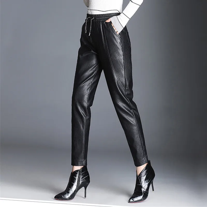 

Women PU Leather Pants Fashion Drawstring Tie Ankle Trousers Elastic Waist Pants Pockets Black Streetwear Pantalones Mujer