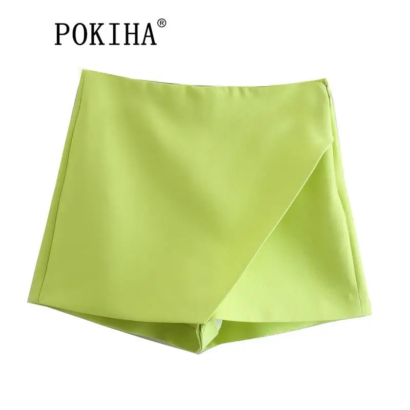 

Pokiha New Casual Women Fashion Candy Color Asymmetrical Shorts Skirts Lady Zipper Fly Pockets Hot Shorts Chic Pantalone Cortos