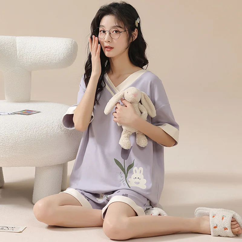Pajamas Women Summer Cotton Cute Cartoon Short-sleeved Shorts with Turn-over Collar Thin Home Service Suit Breathable Loungewear